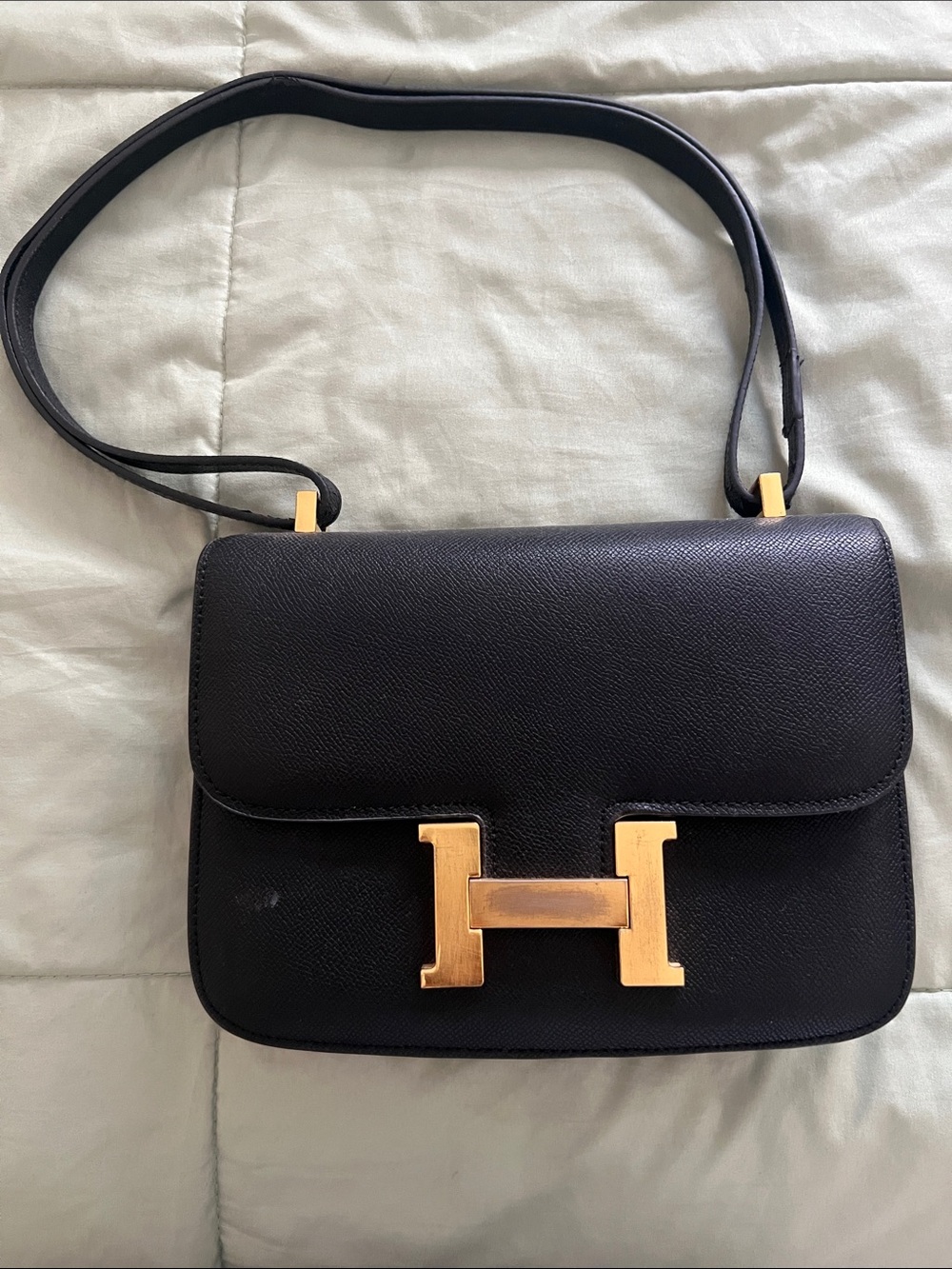 Black Leather Shoulder Bag with Gold H Hardware